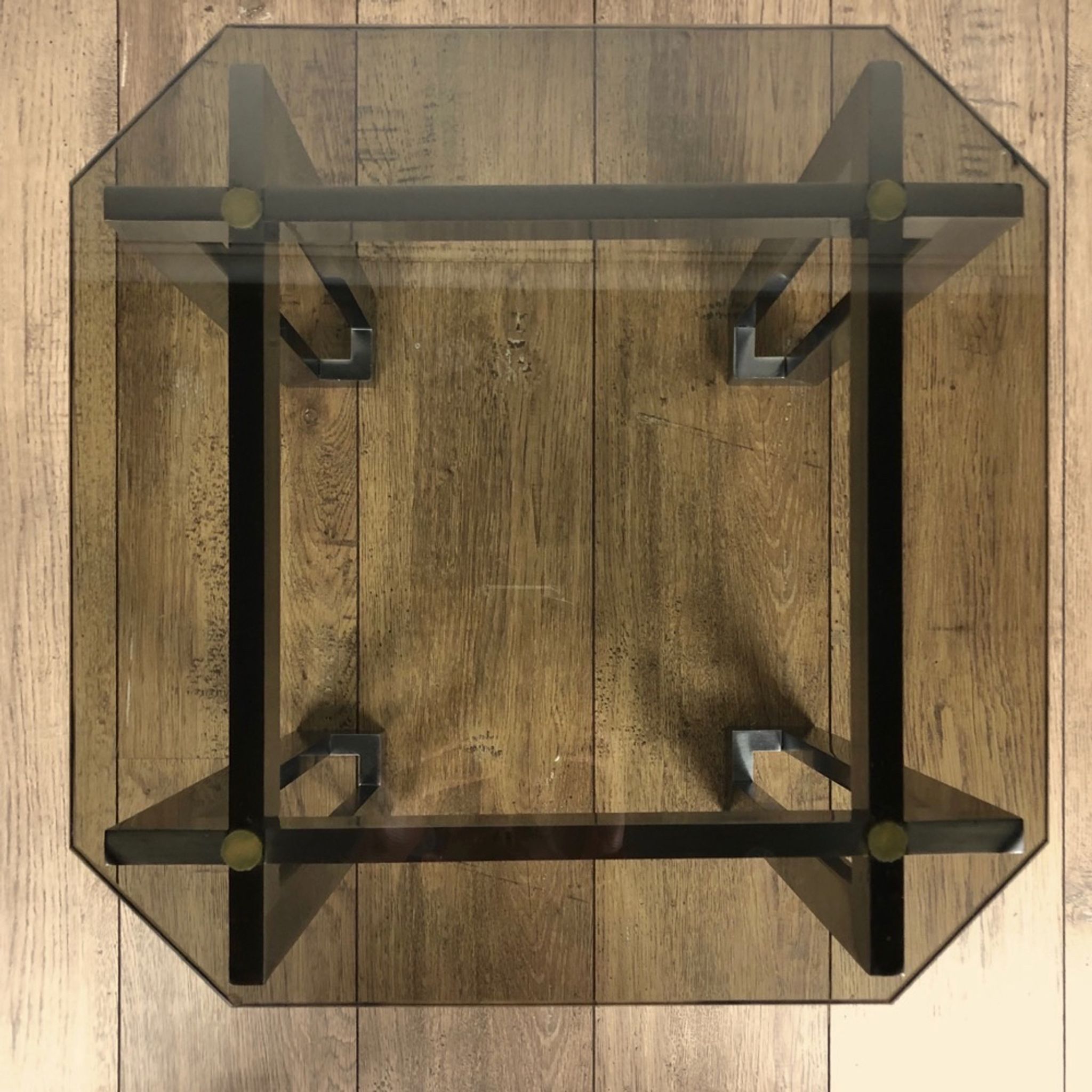 Brushed stainless steel design side table and 70s smoked glass
