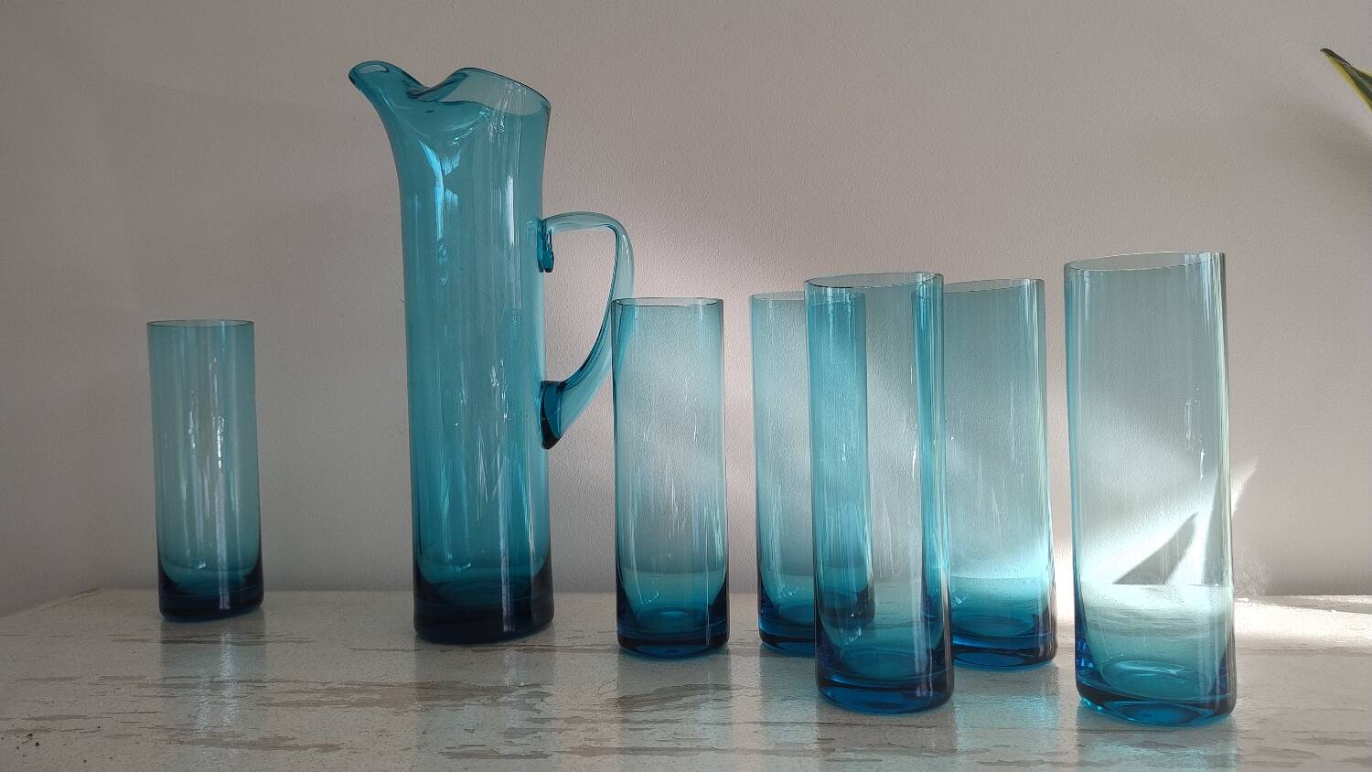 Vintage blue glass water service – carafe + 6 glasses