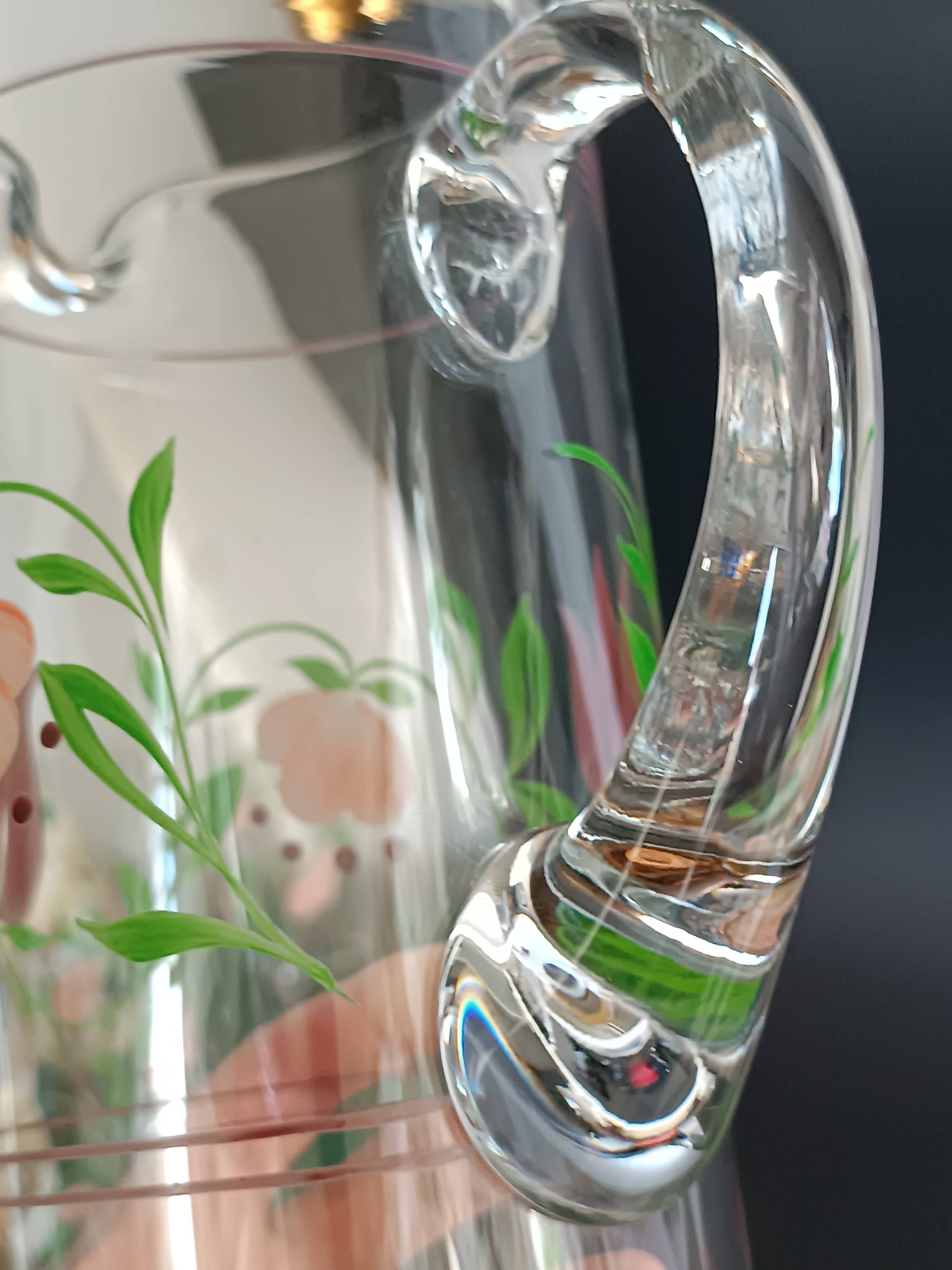 Carafe and four glasses in painted crystal, Hartzviller crystal factory, 1970