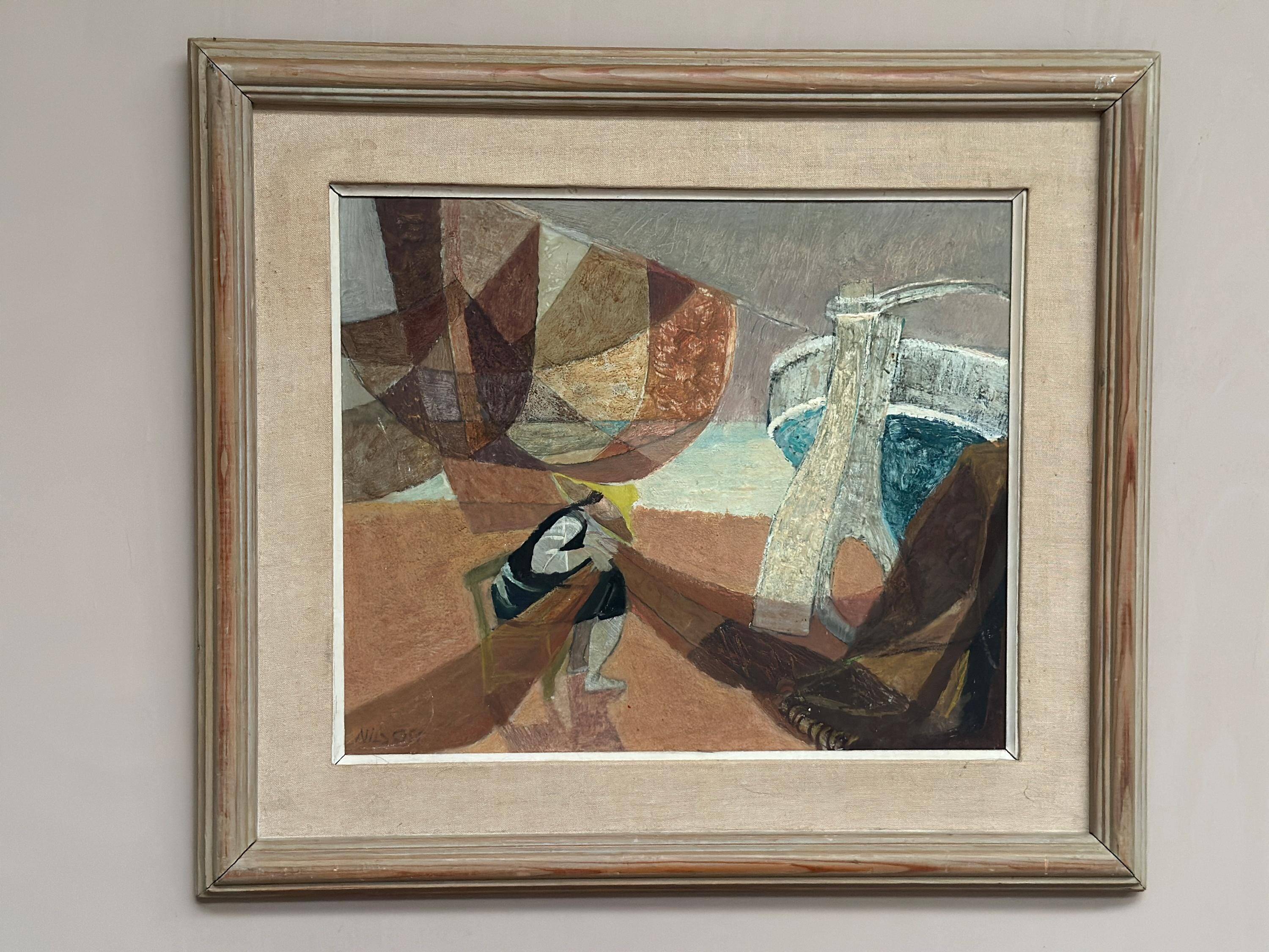 Original Swedish Oil on Panel – “Figure with Boats” by Nils Öst (1908–1982)