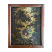 HST painting "Hunter in the forest with his dog" signed 1886 for restoration
