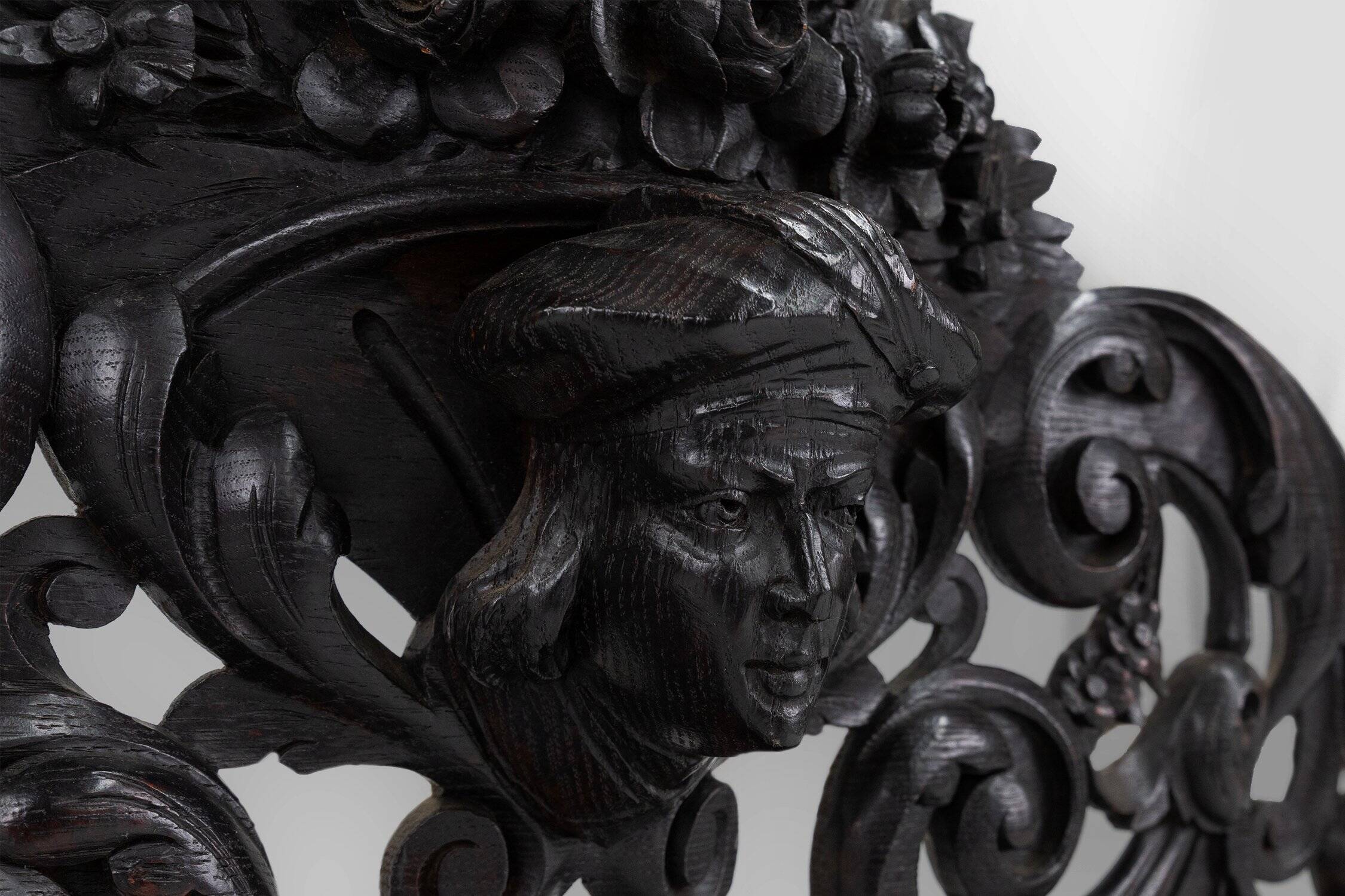Baroque Richly Carved Black Wooden Sculptured Shelf, France, 1850s
