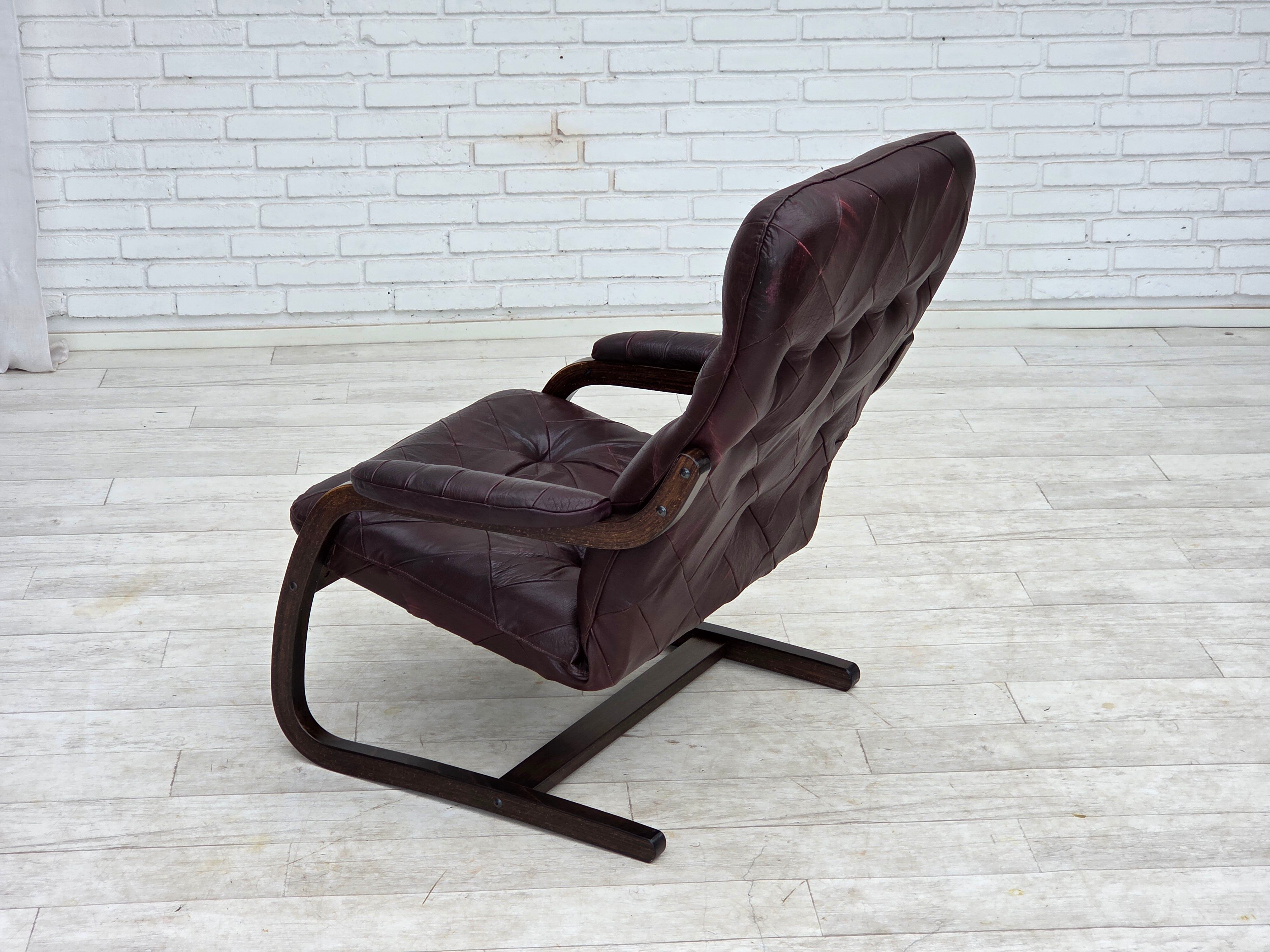 1970s, Scandinavian armchair, brown furniture leather, bent wood.
