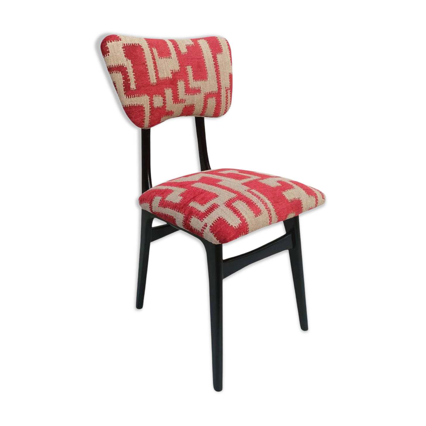 Chaise papillon du milieu du siècle, tissu jacquard rouge beige, bois noir, Europe, années 1960