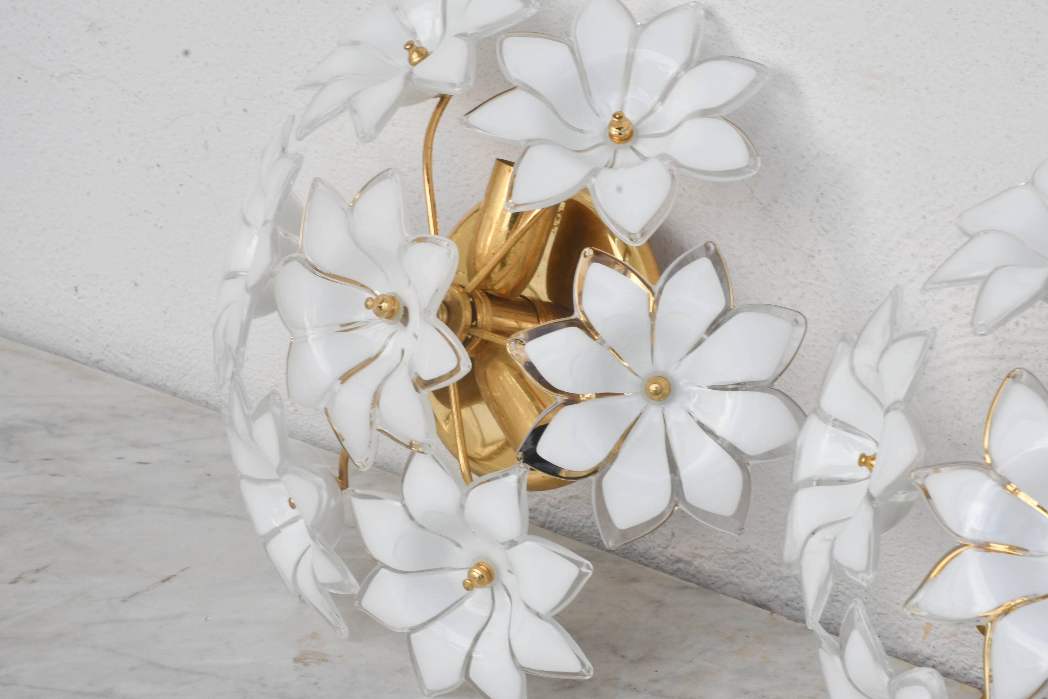 Set of 2 Charming Murano Vintage Ceiling Light White Flowers, 1970s