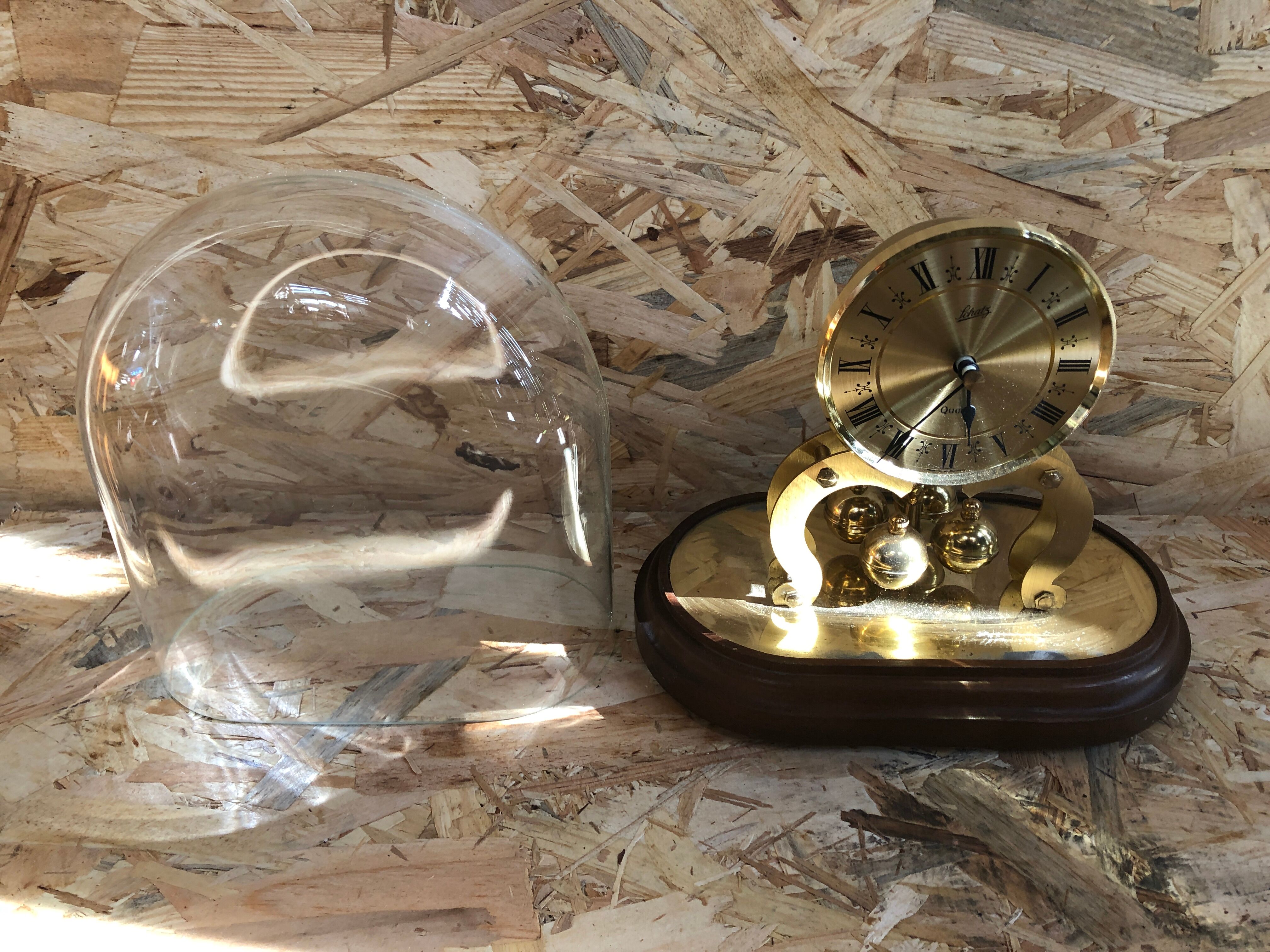 Old clock pendulum 400 days schatz gold metal + bell vintage glass