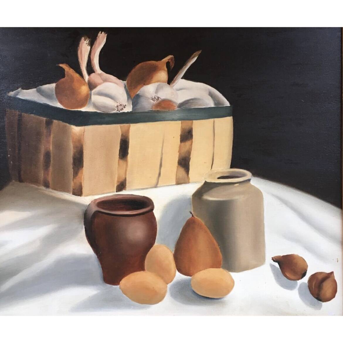 Still life painting of pots and vegetables