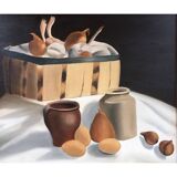 Tableau nature morte pots et légumes