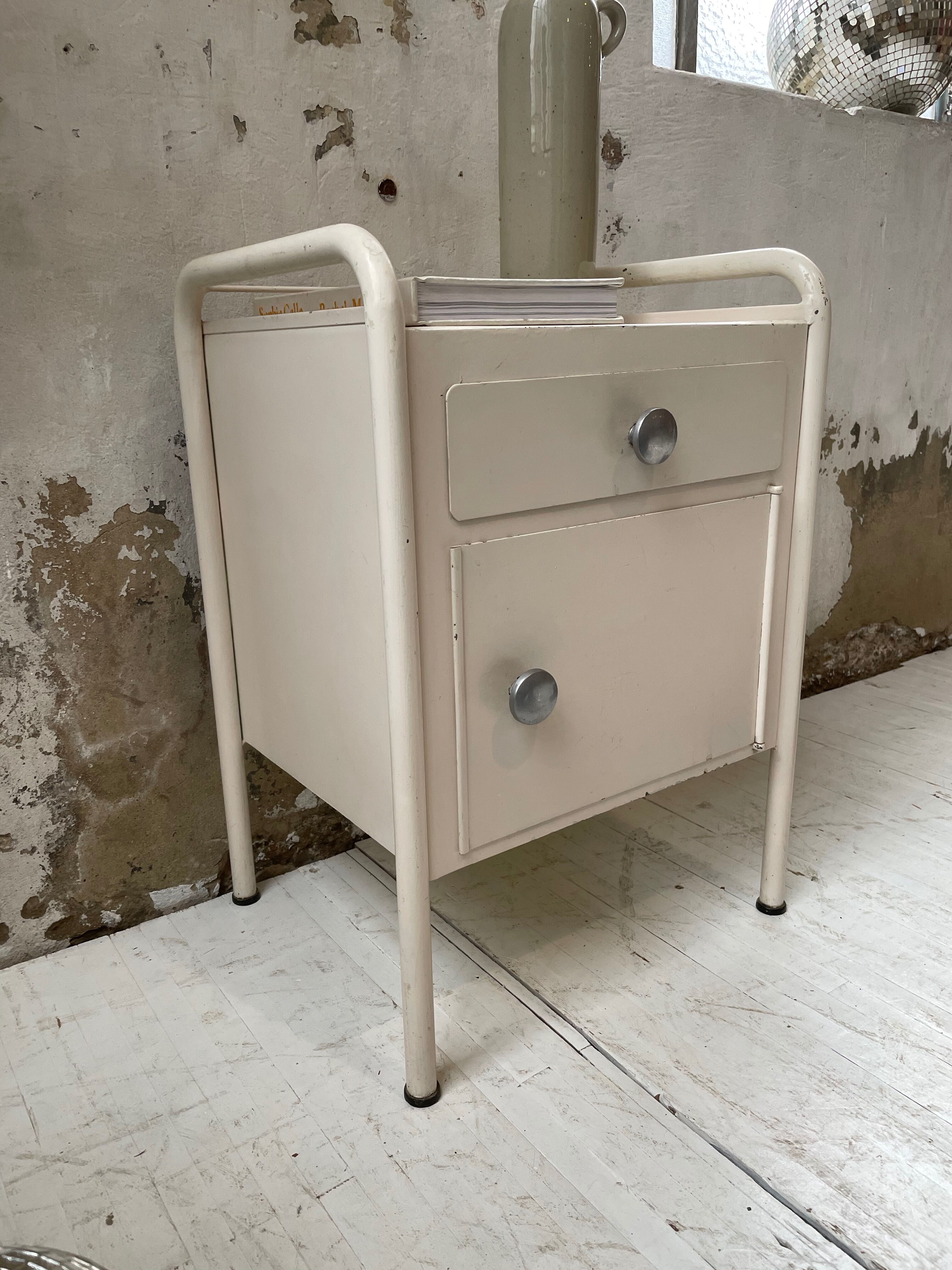 Industrial white metal bedside