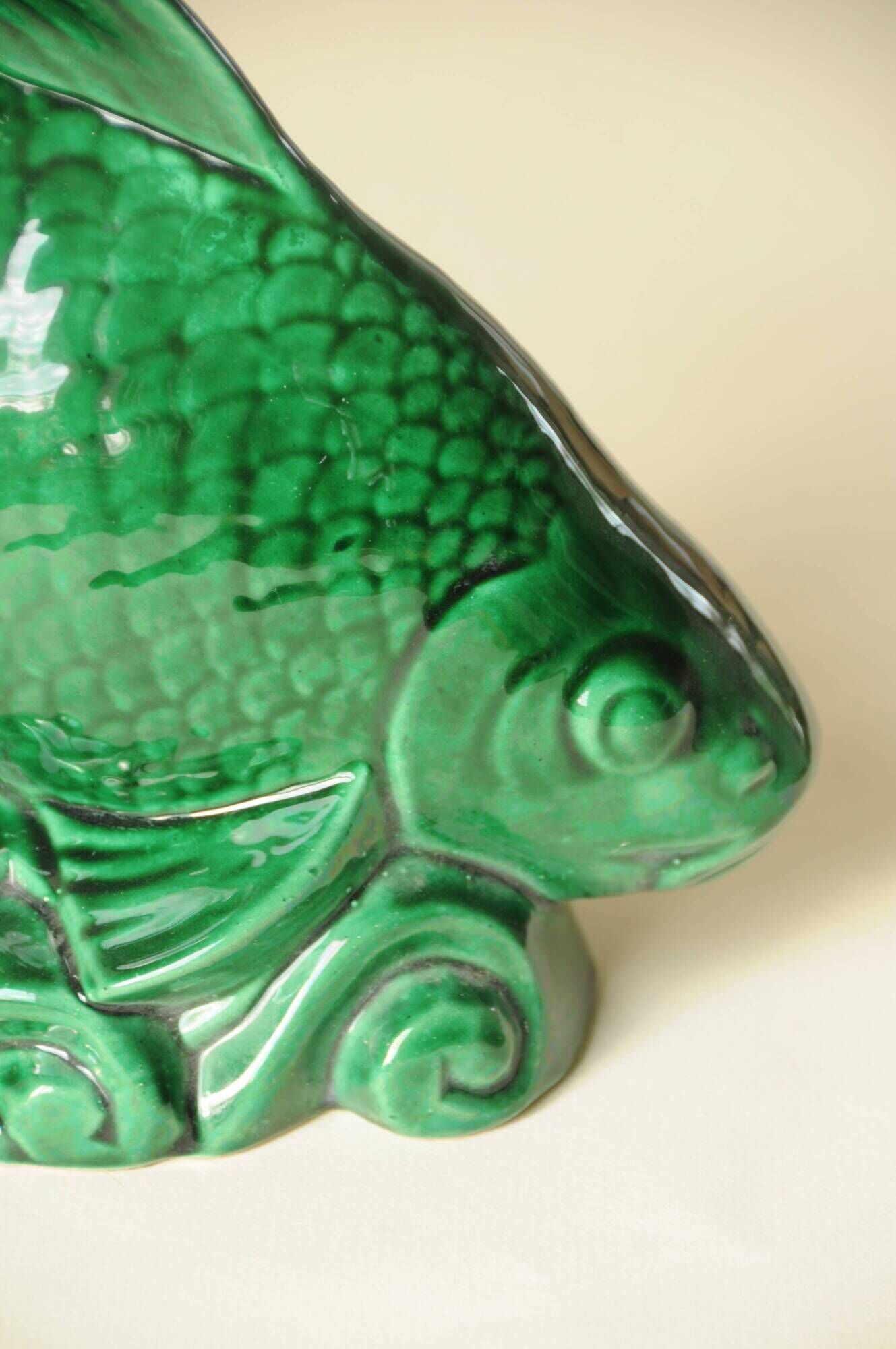 Vintage Green Decorative Fish Sculpture Art Deco Saint Clément Ceramic