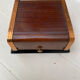 Art Deco wooden and brass cigarette box with curtain + glass ashtray