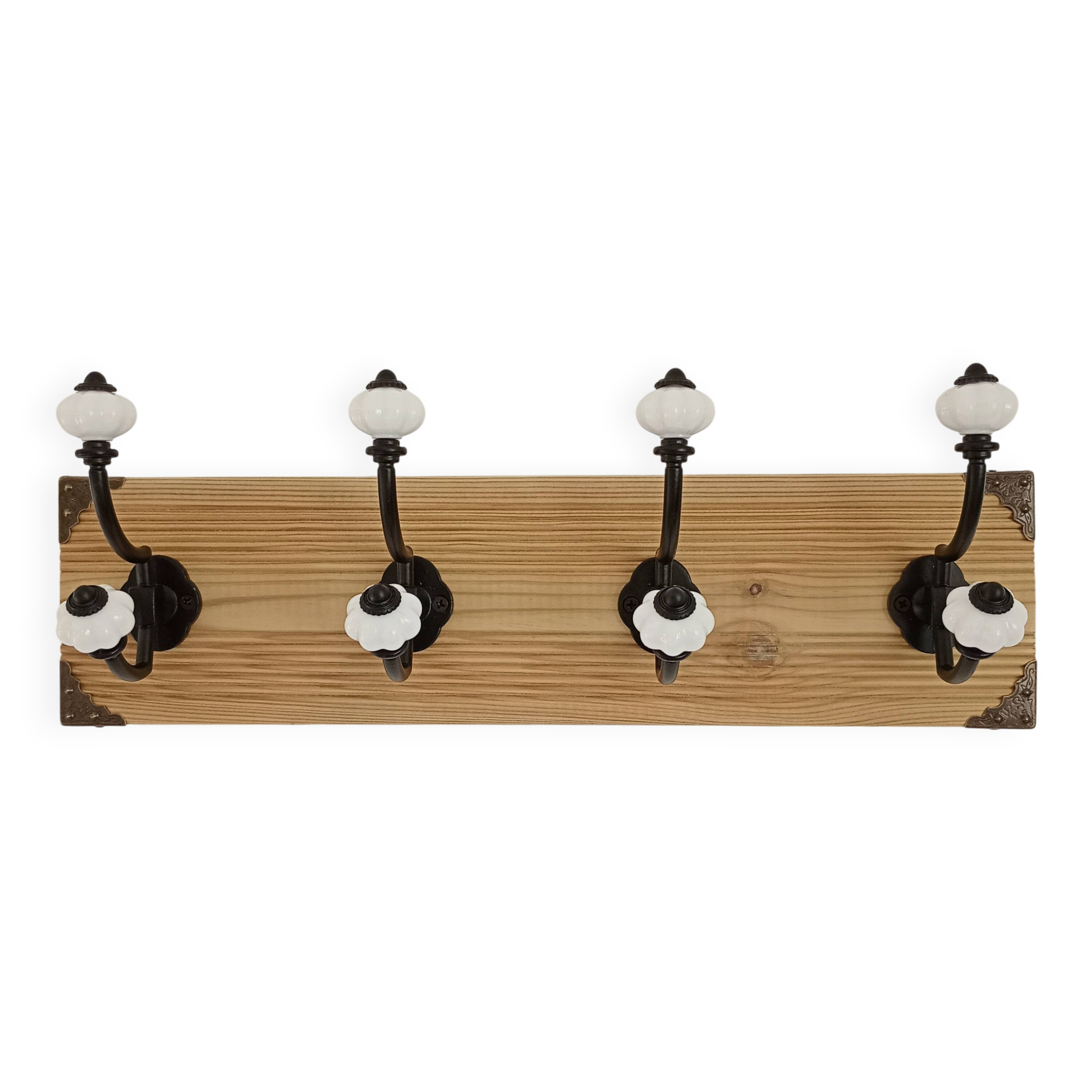 Vintage style wall coat rack in raw wood & metal – 4 double hooks – 45 cm