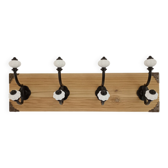 Vintage style wall coat rack in raw wood & metal – 4 double hooks – 45 cm
