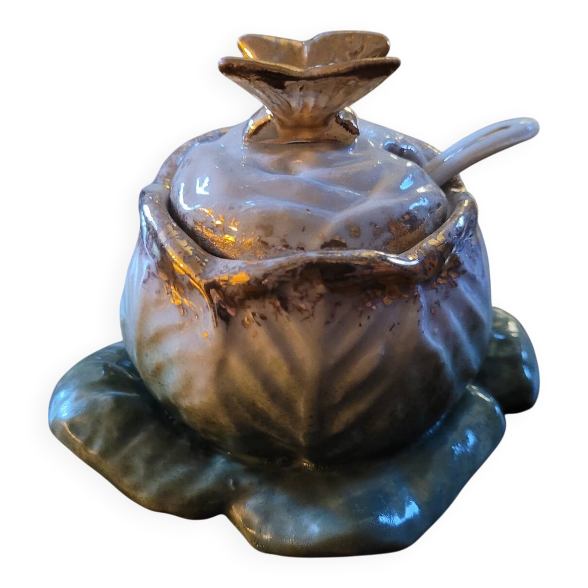 Antique mustard pot porcelain - Cabbage and butterfly - Barbotine 19th century
