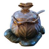 Antique mustard pot porcelain - Cabbage and butterfly - Barbotine 19th century