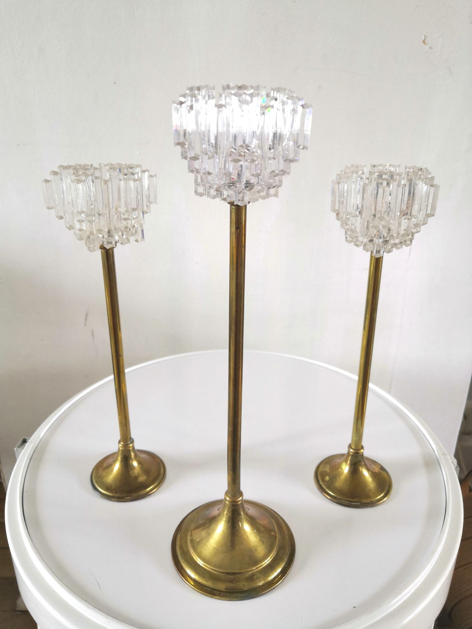 3 brass candlesticks and plexi made in Italy design 60/70s
