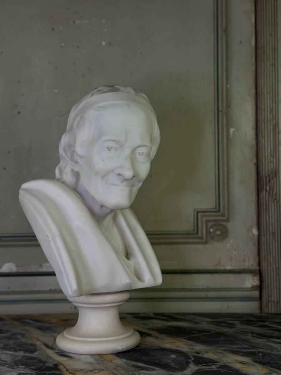 Marble bust, Voltaire after Jean Antoine Houdon, 19th-century copy.