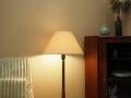 Danish floor lamp with wood and metal base, botanical fabric shade, 1960s