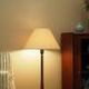 Danish floor lamp with wood and metal base, botanical fabric shade, 1960s