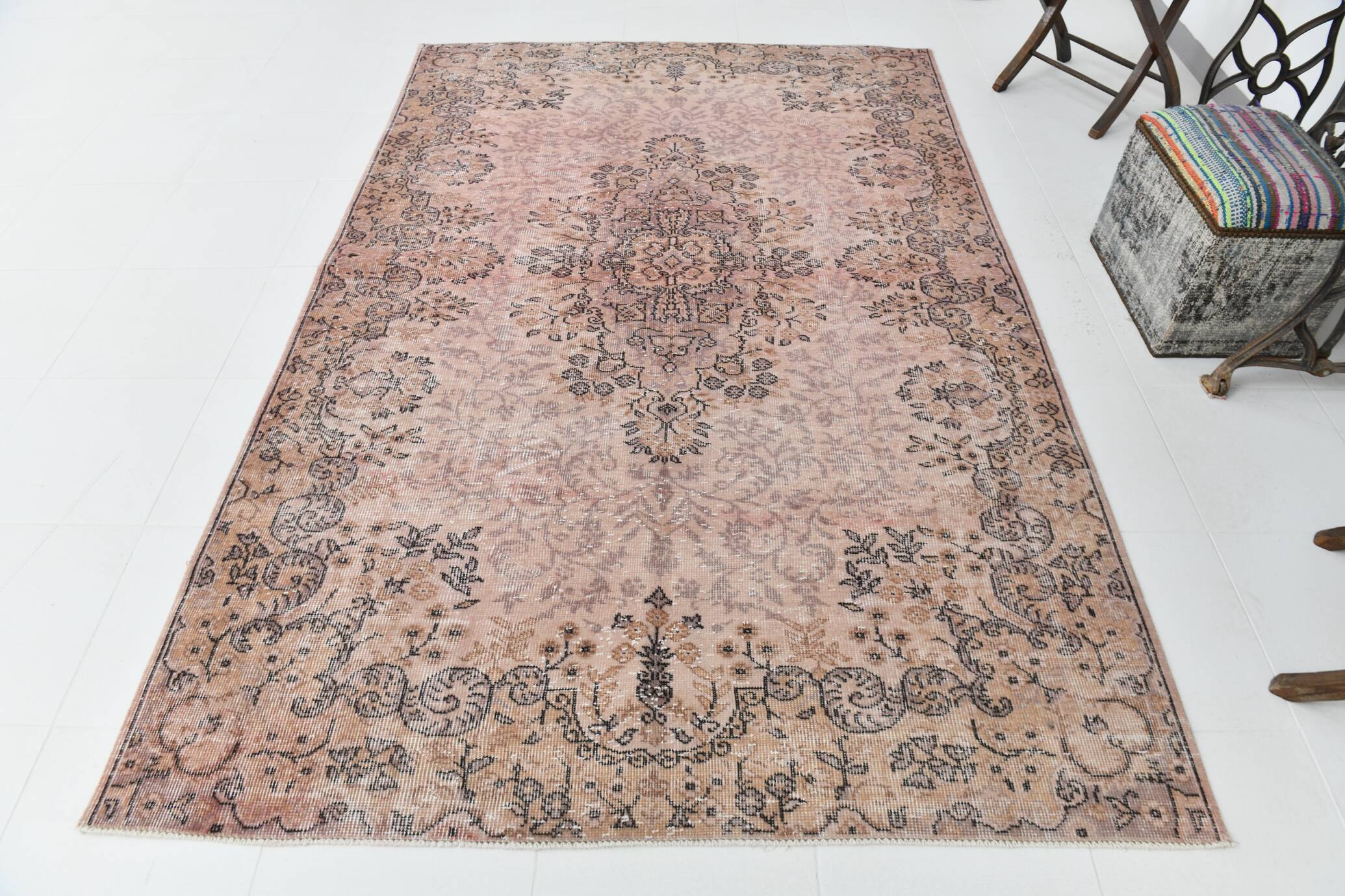 Pink Rug  266x173 cm Pastel Pink Vintage Carpet , Hand Made Wool Carpet.