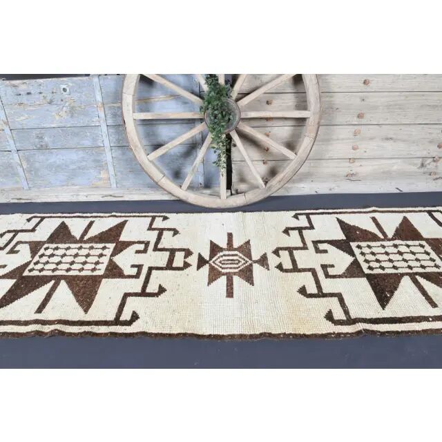 Vintage Turkish Oushak handmade wool cotton white runner rug 100x350