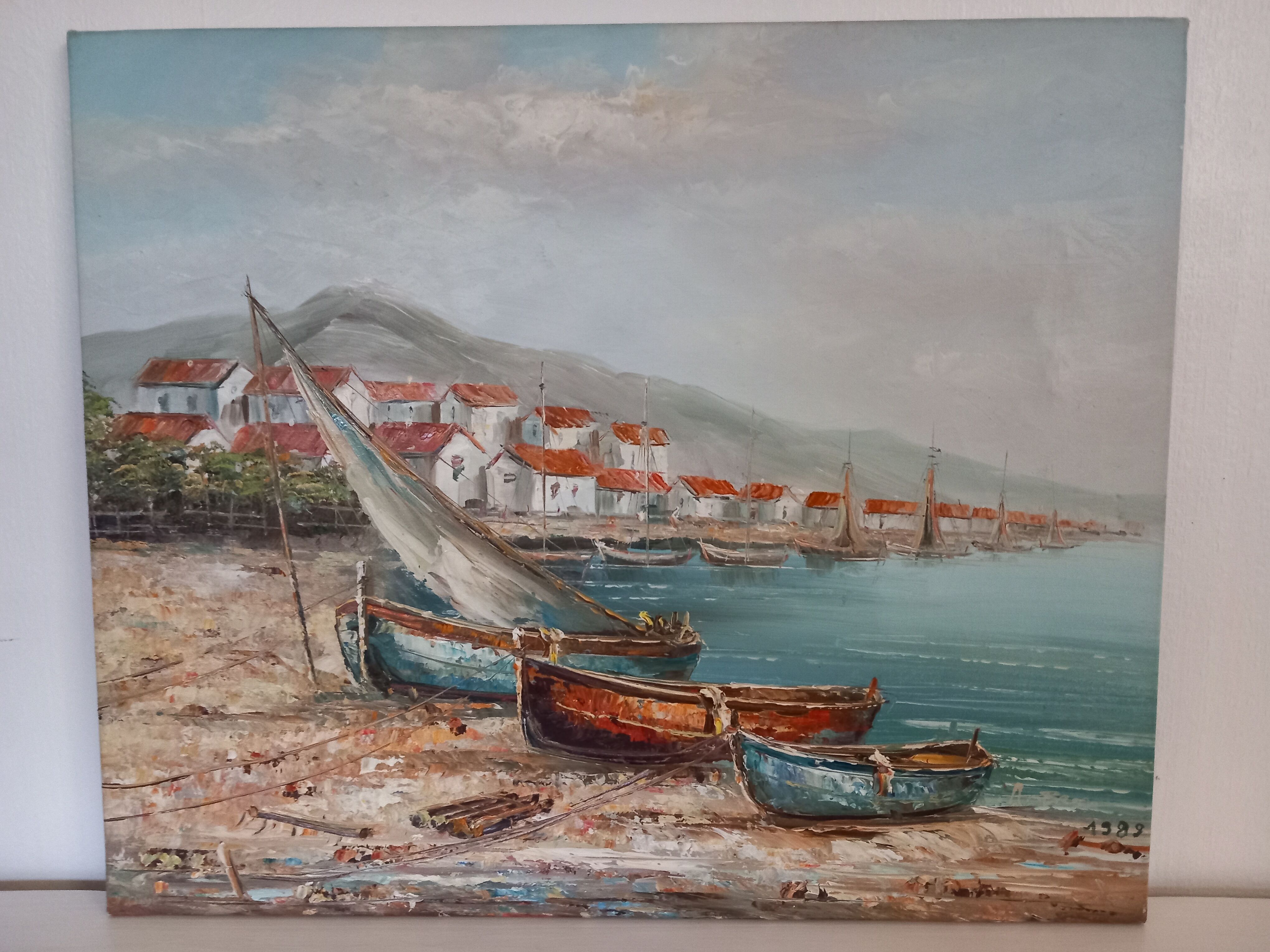 Oil on canvas signed-boats on the beach