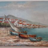 Oil on canvas signed-boats on the beach