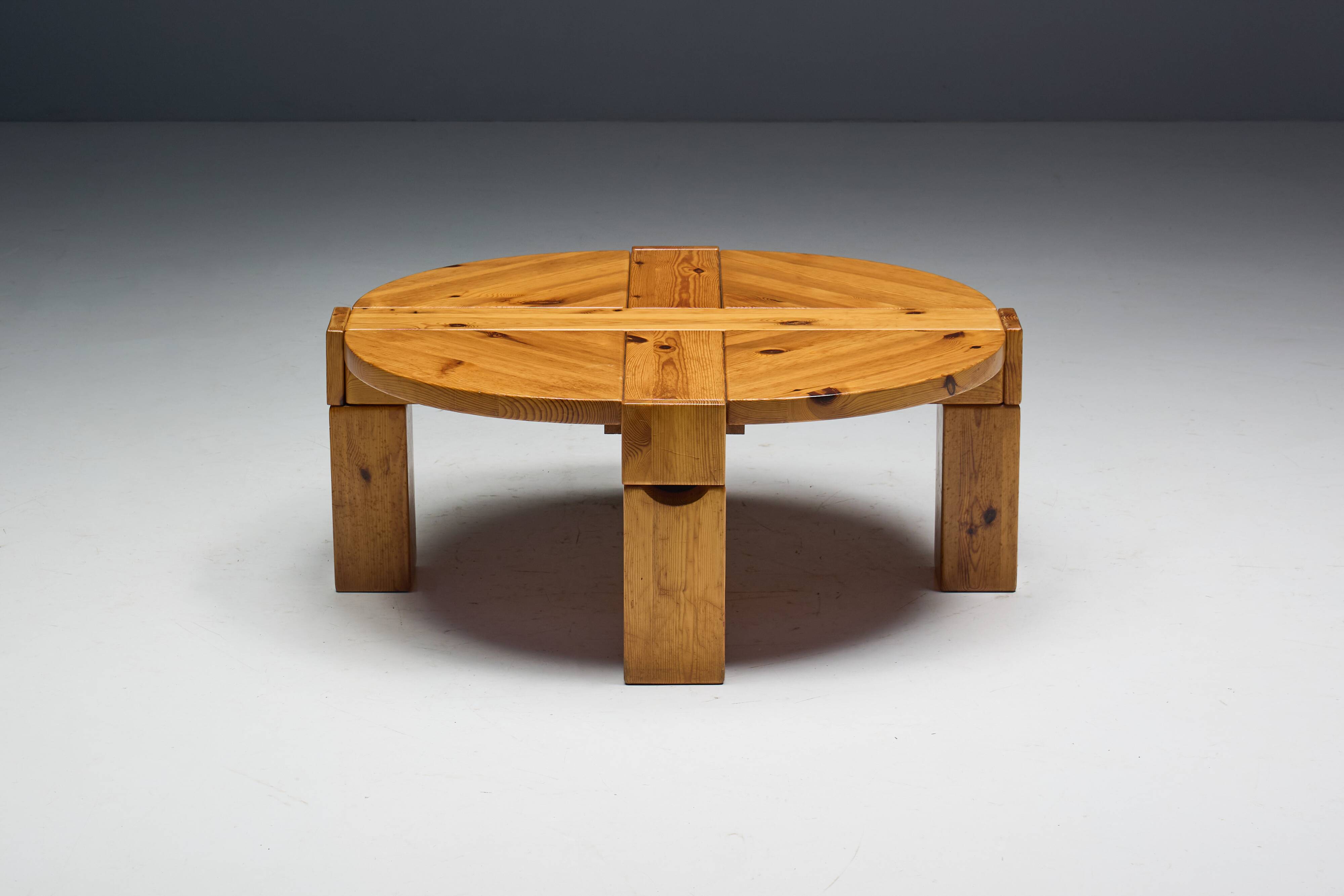 Brutalist Pine Wood Coffee Table, Sweden, 1970s