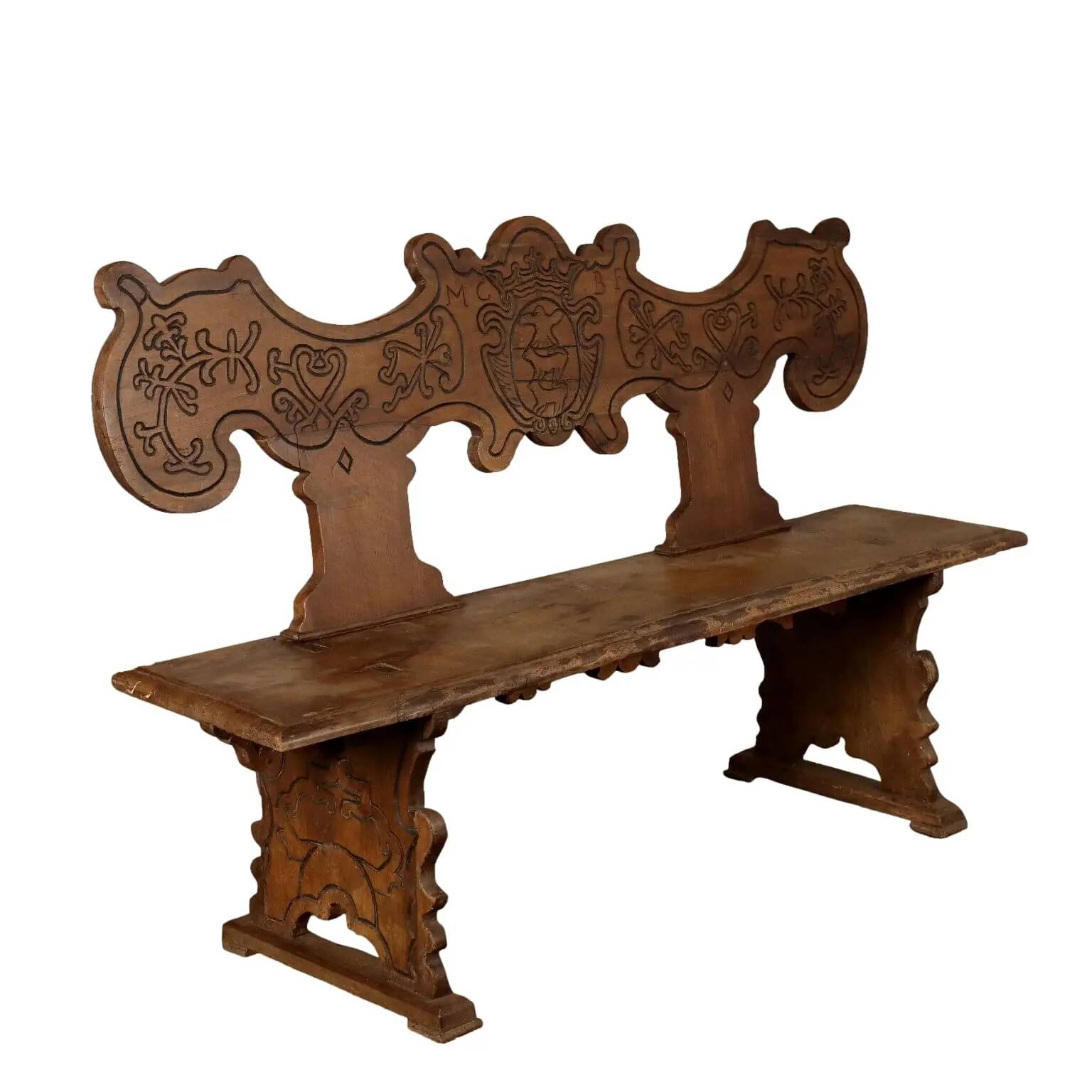 Ancient baroque walnut bench, Italy, 18th century