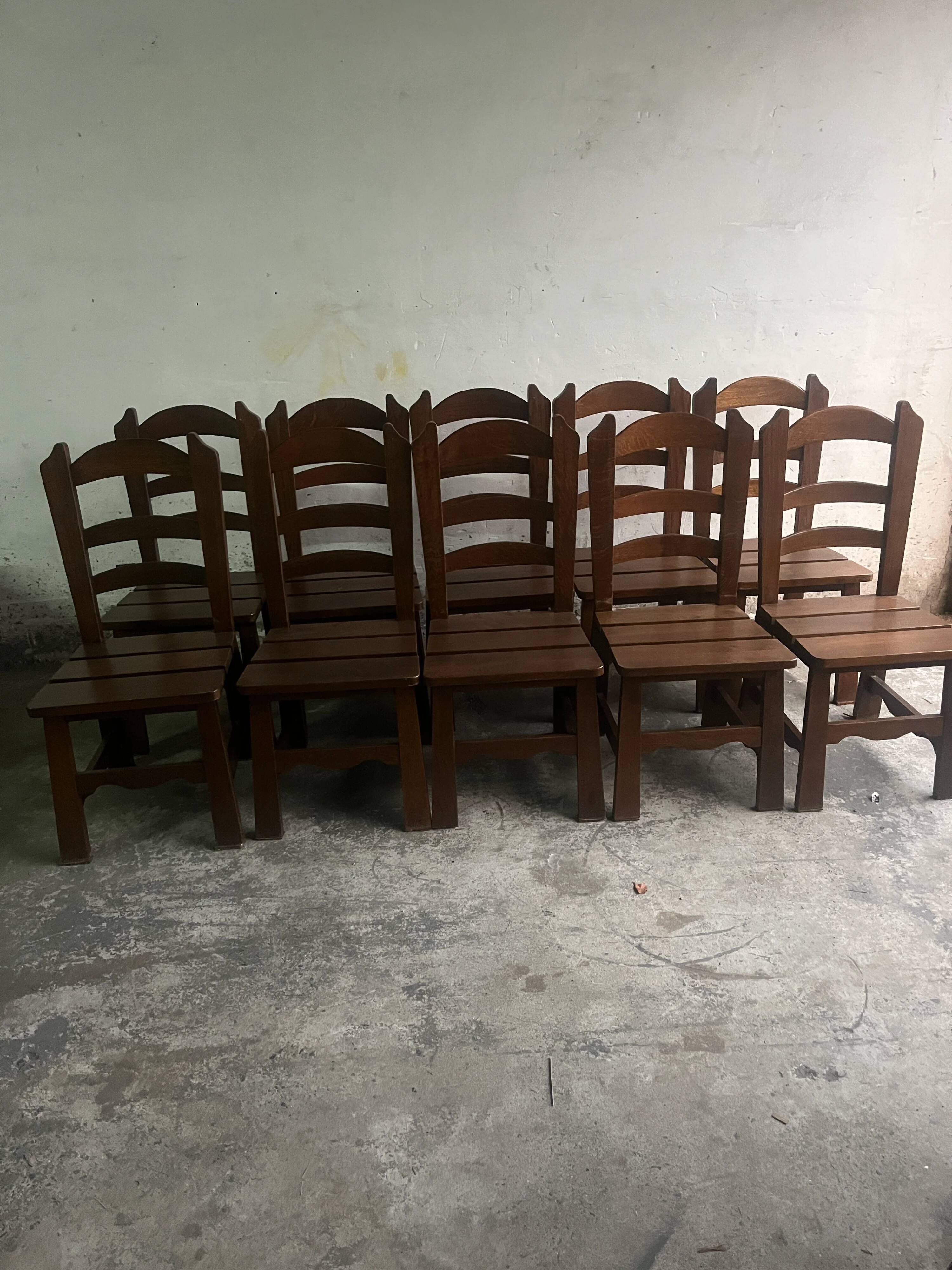 Brutalist wooden chairs – set of 10 (1970s)