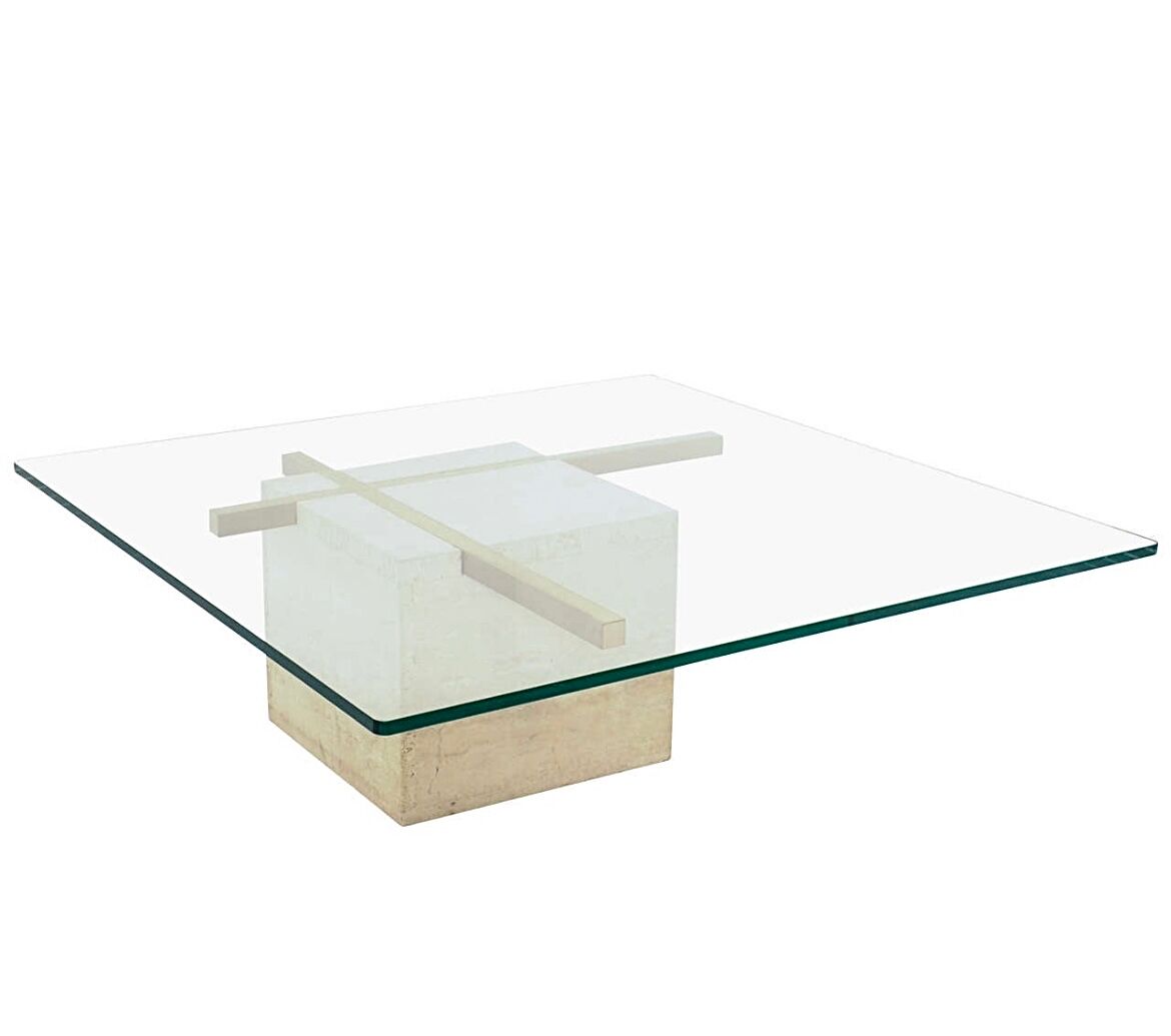 Coffee table with travertine gold-plated cross base and glass top