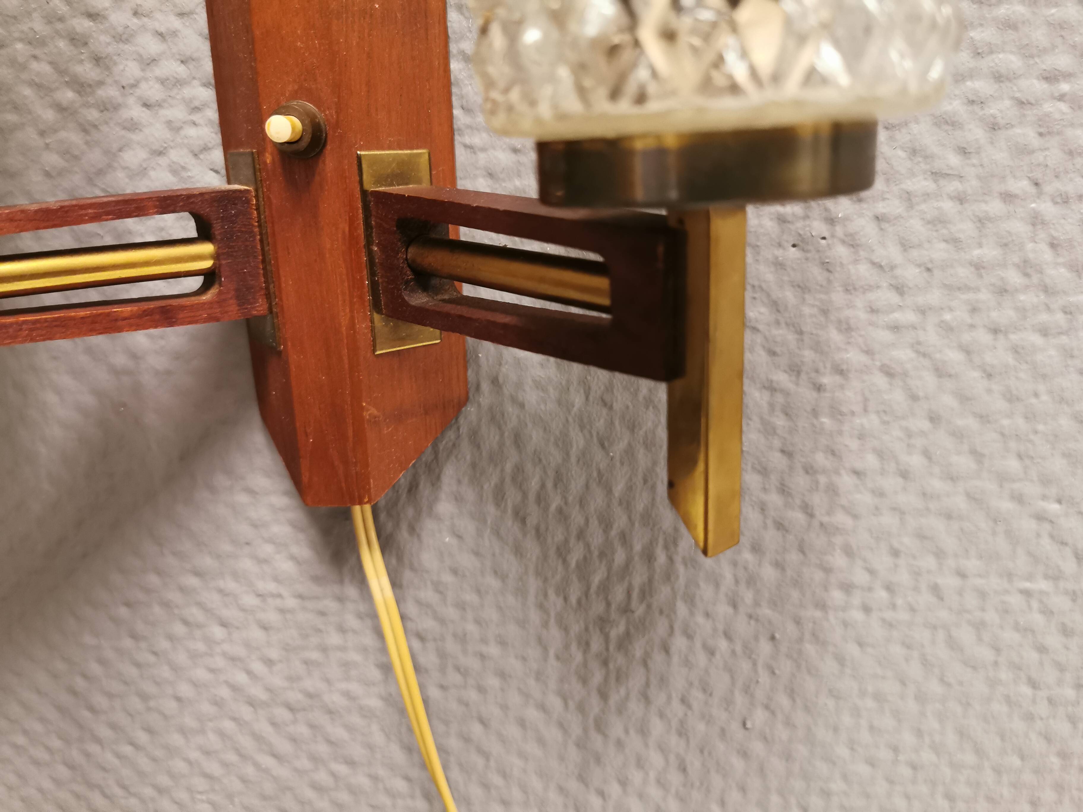 Danish double wall light in teak, brass and crystal glass.