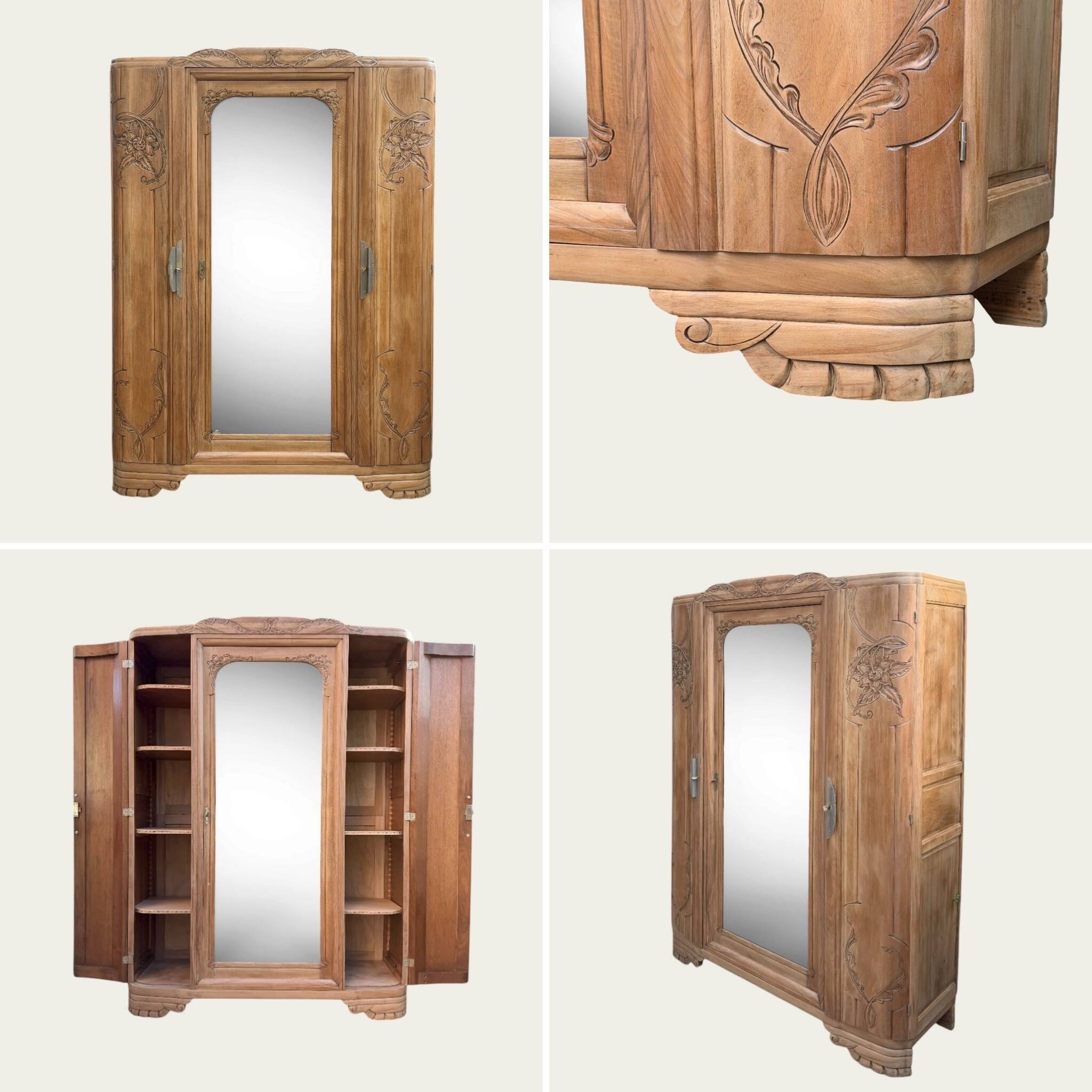 Art Deco wardrobe with bevelled mirror in solid raw walnut.