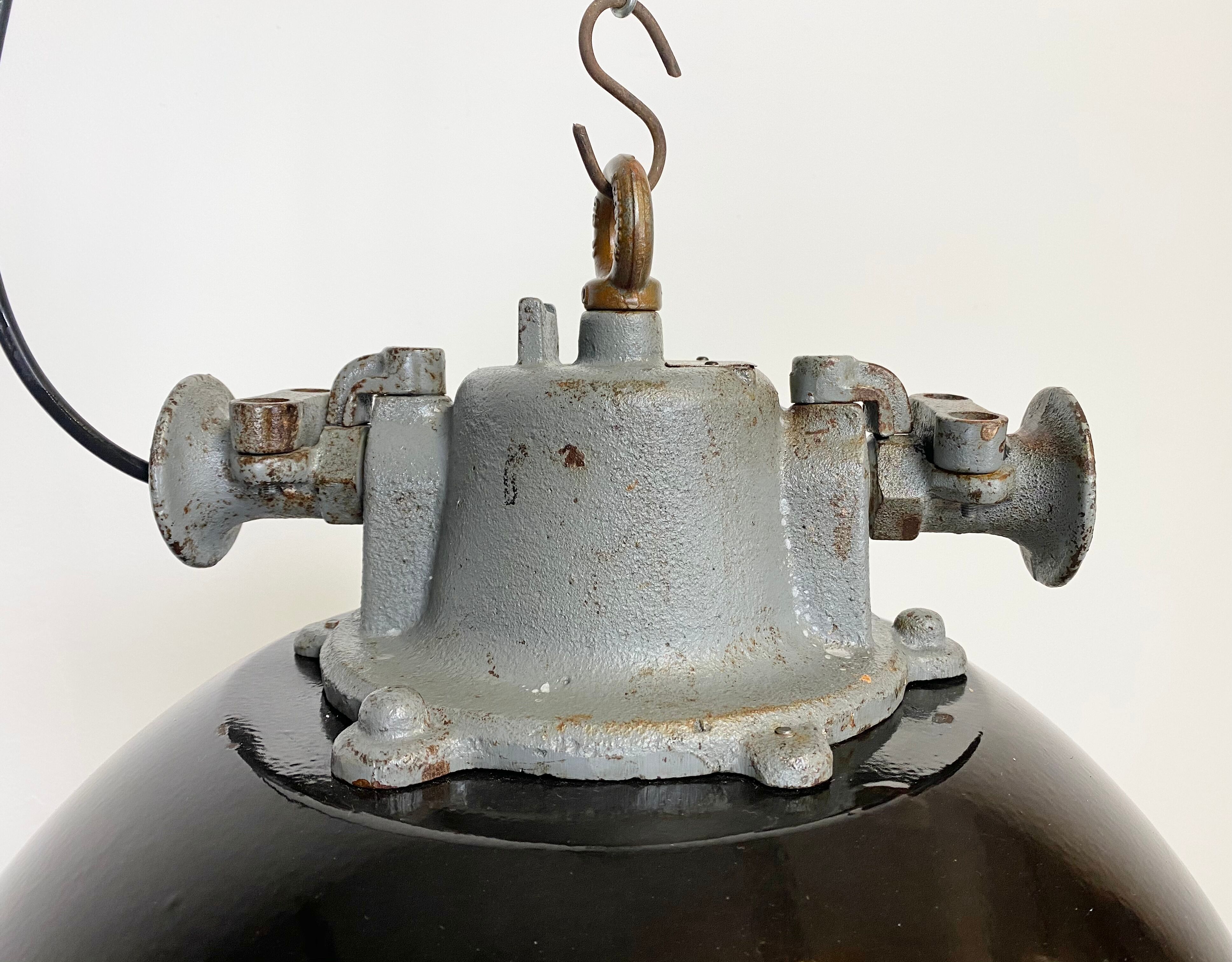 Black enamel and cast iron industrial cage pendant lamp, 1950