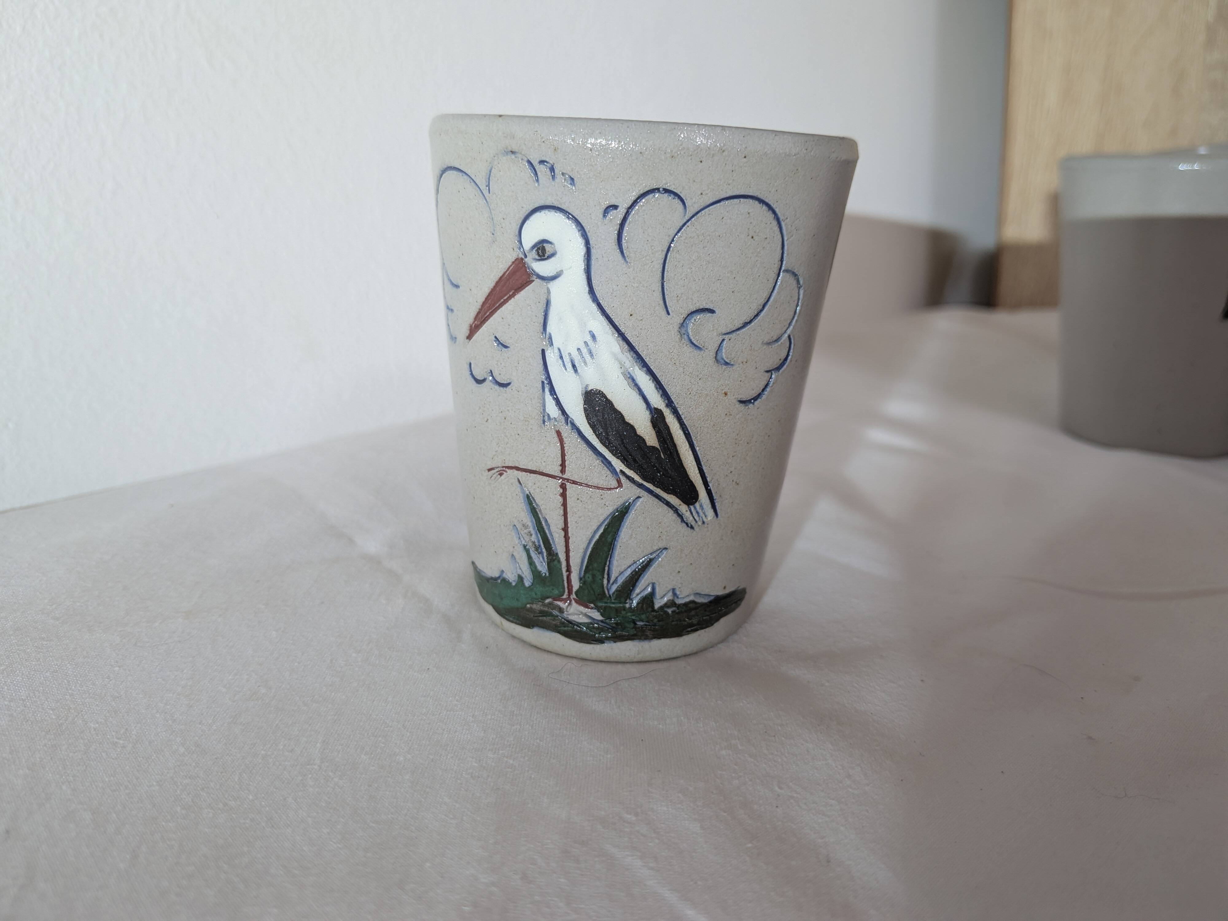 Gobelet vintage Fortuné Schmitter - Betschdorf - décor cigogne grise