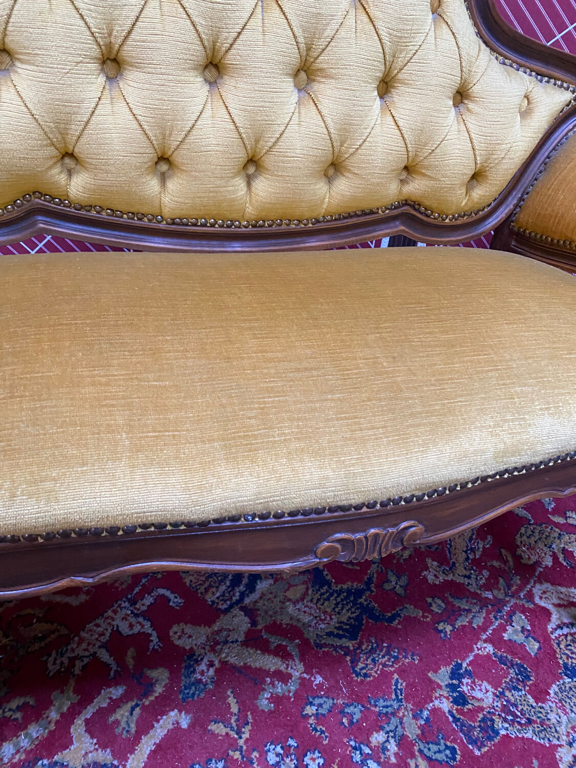 Louis XV style bench upholstered yellow velvet