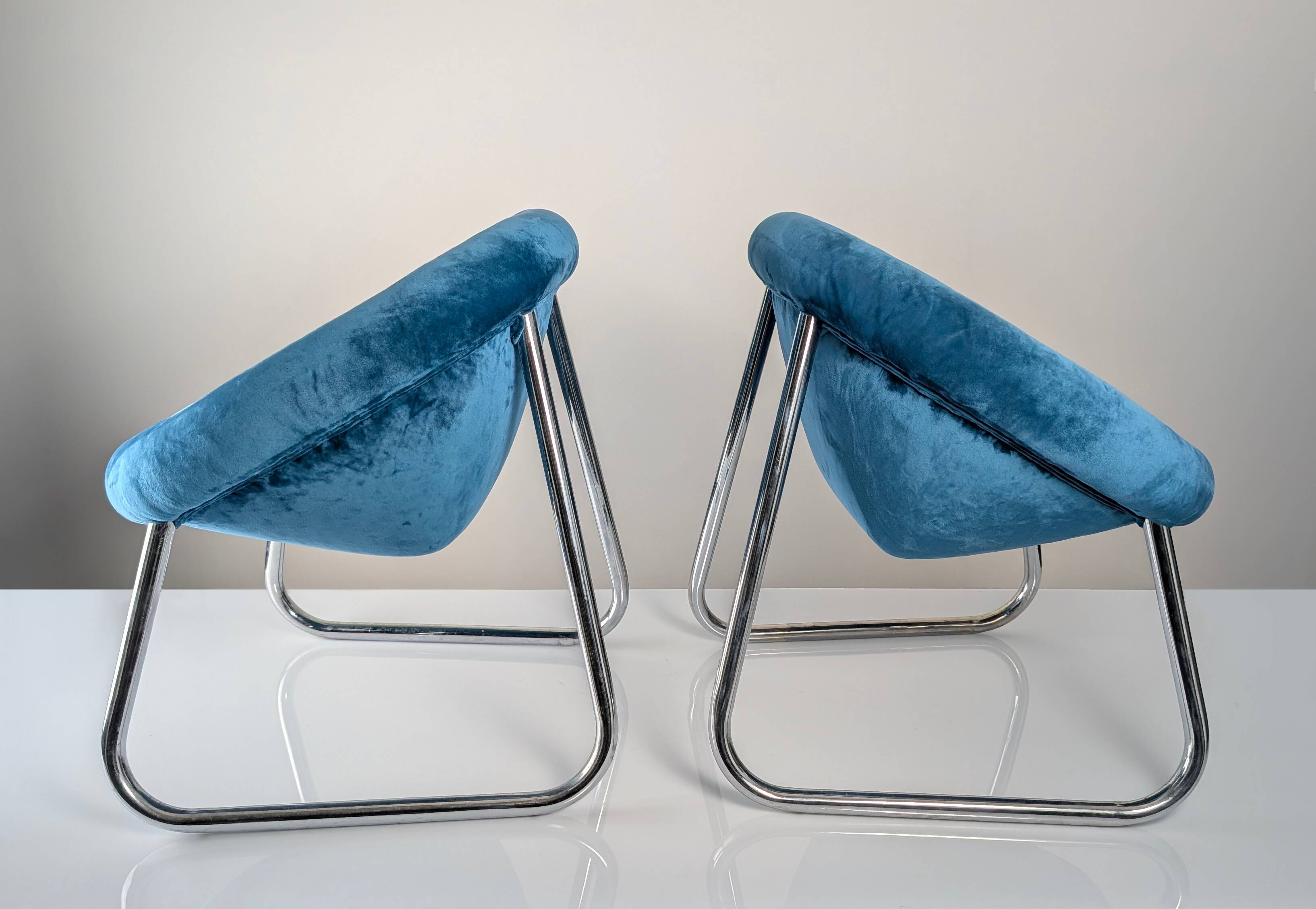 Pair of Italian Chrome and Blue Velvet Armchairs, 1970s