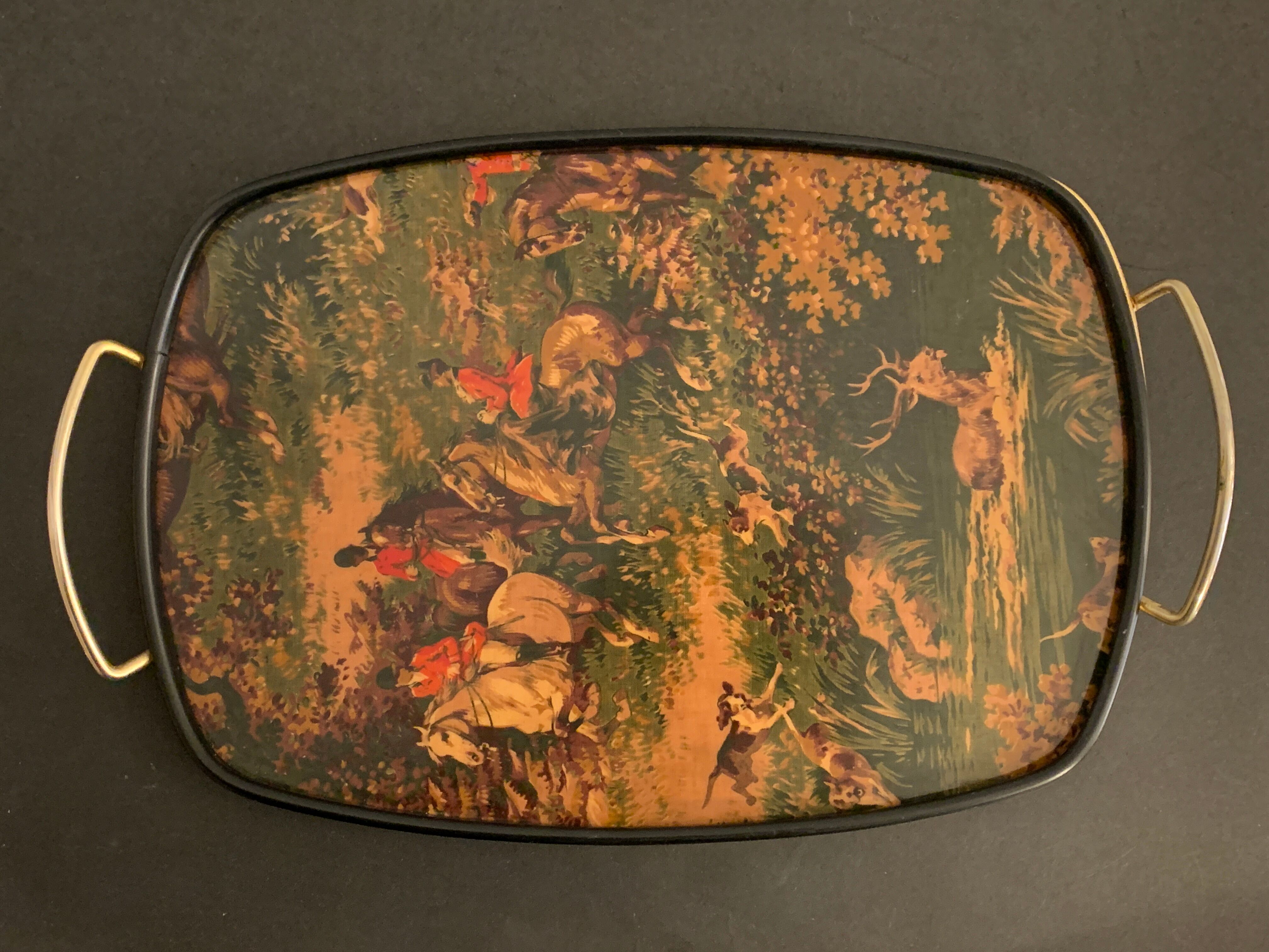 Plateau de service en laiton et formica, chasse à courre anglaise