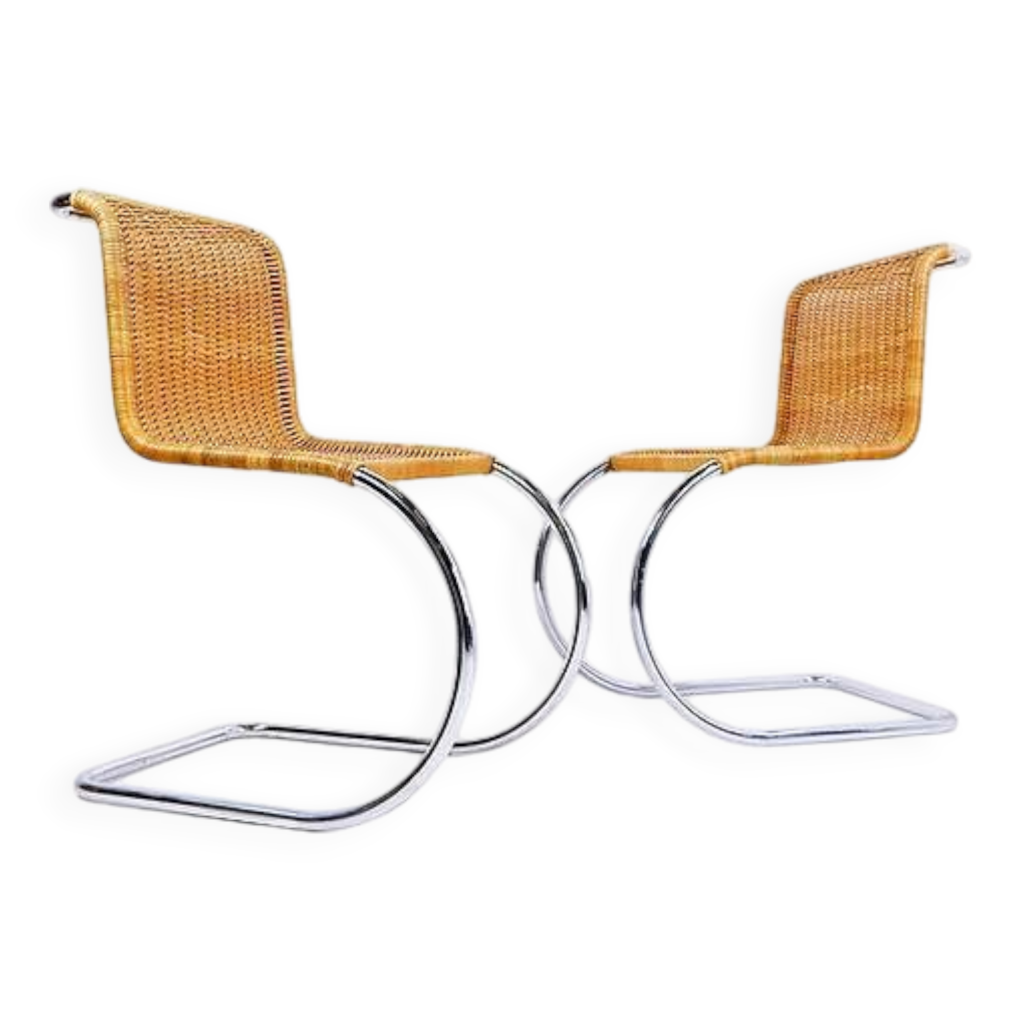 Pair of Cantilever chrome and Wicker Chairs Mies Van der Roye Style