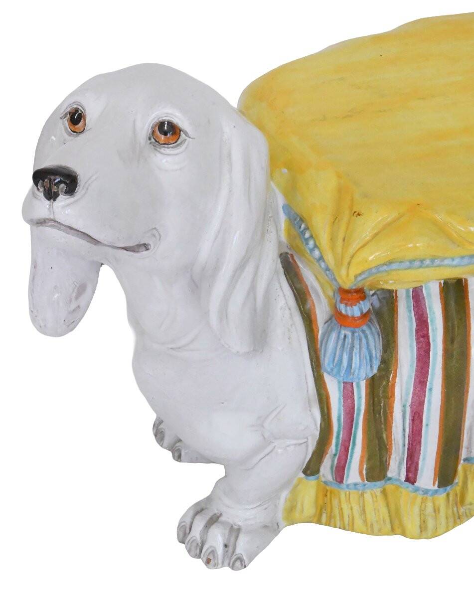 Stool or stand in earthenware depicting a white dachshund.