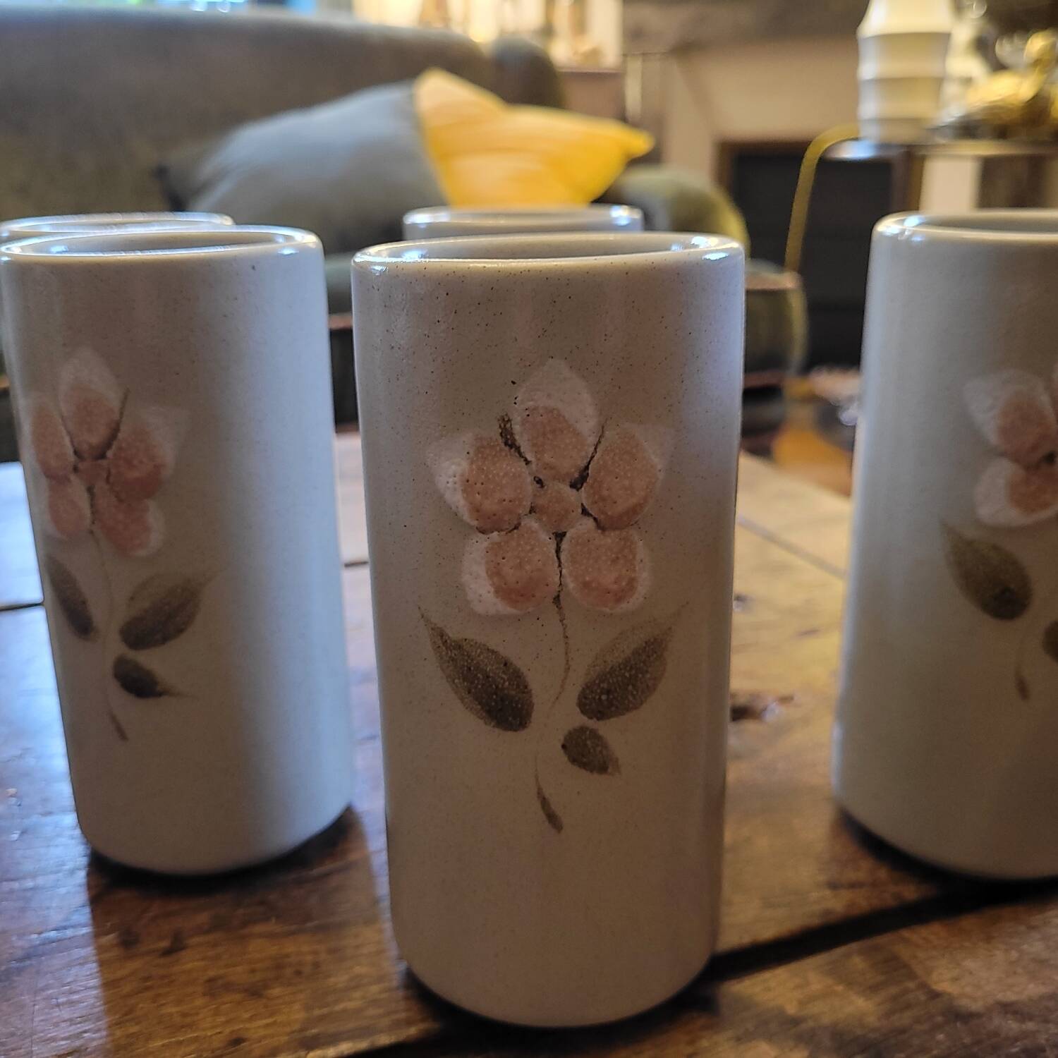 Set of 6 stoneware mazagrans with relief floral decoration – 1980s