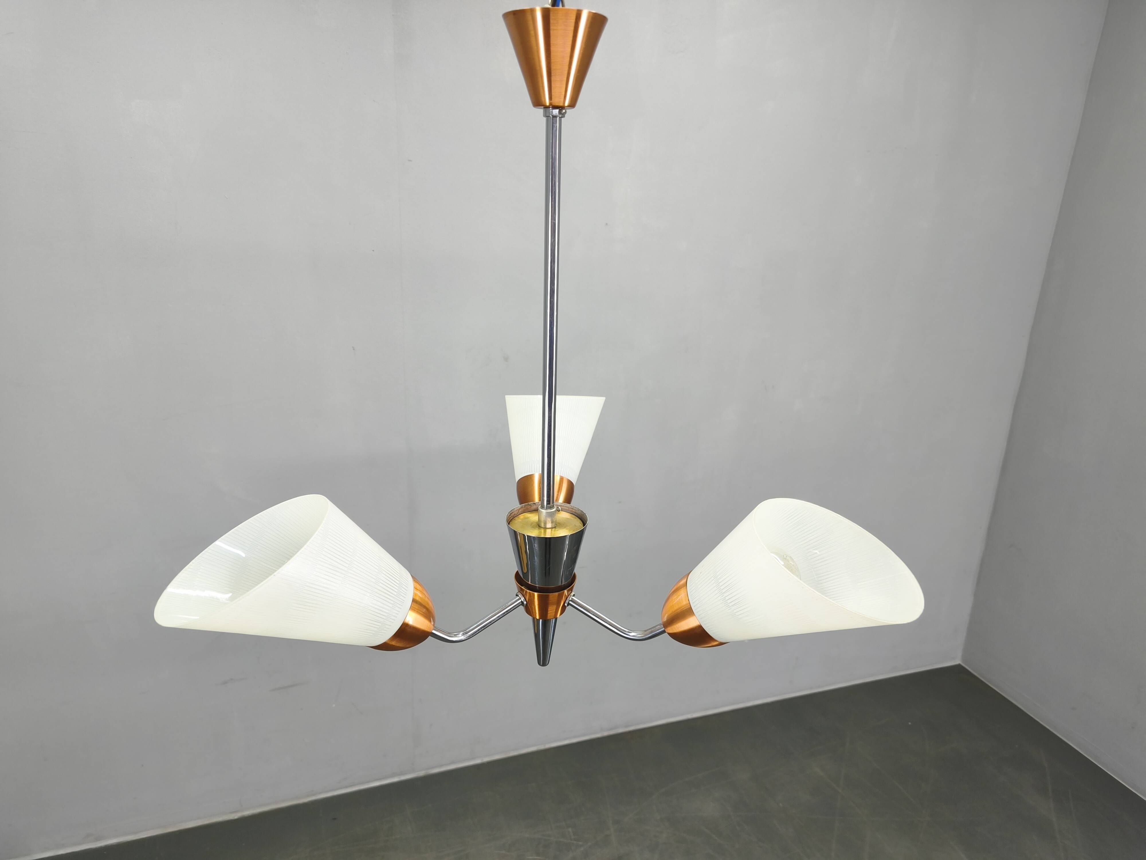 Mid-Century Pendant Light, Copper and Chrome, Czechoslovakia, 1970s