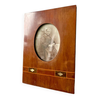 Antique Wood & mother of pearl Picture Frame with  intarsia