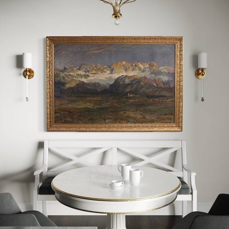 Antique Italian signed mountain landscape painting from 19th century