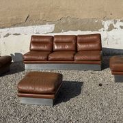 Complete vintage living room set, brushed aluminum and brown leather, France, 1970