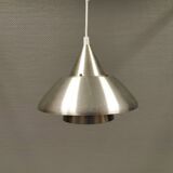 Danish hanging lamp in silver-coloured aluminium with contrasting orange lacquer inside.
