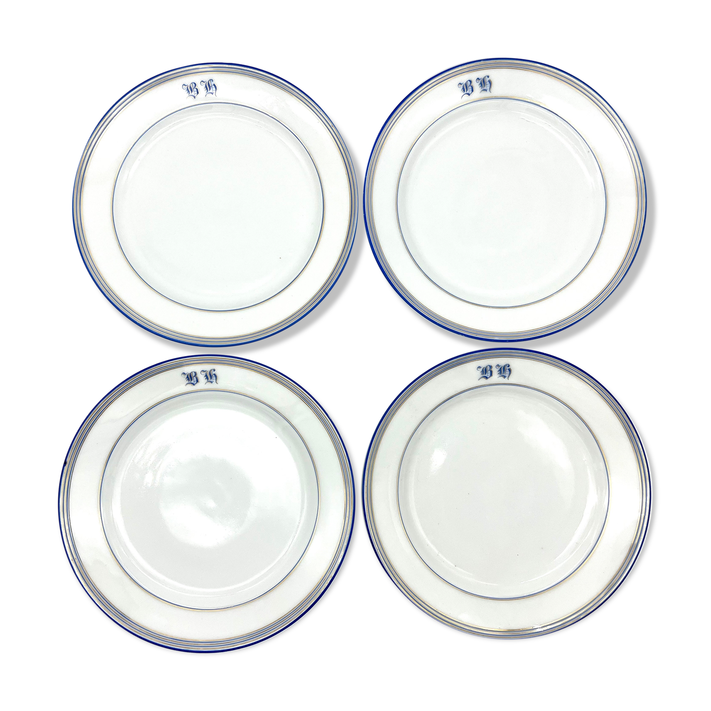 White and blue dessert plate with monogram BH
