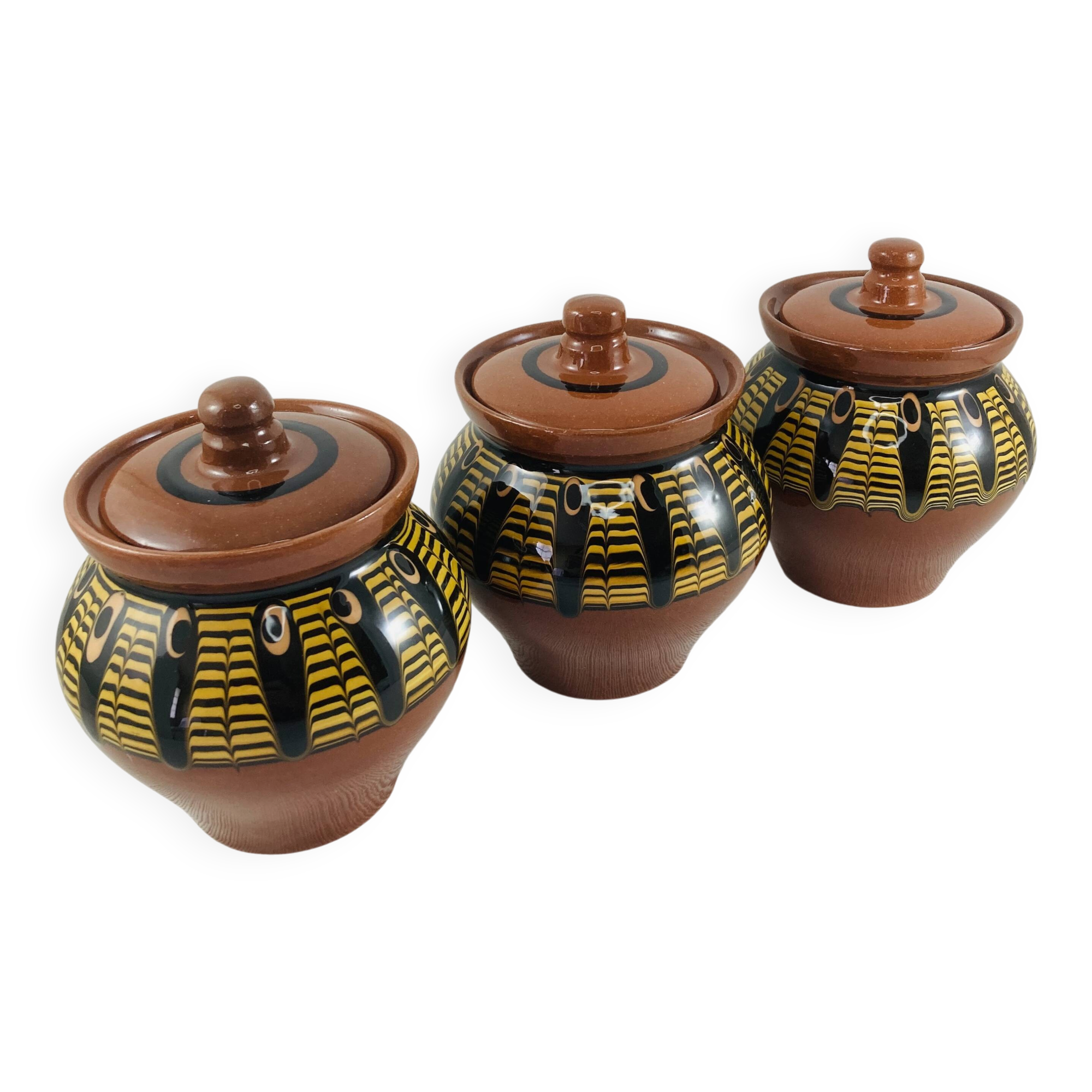 Trio of glazed ceramic pots USSR, peacock feather decoration, 1970