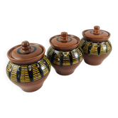 Trio of glazed ceramic pots USSR, peacock feather decoration, 1970