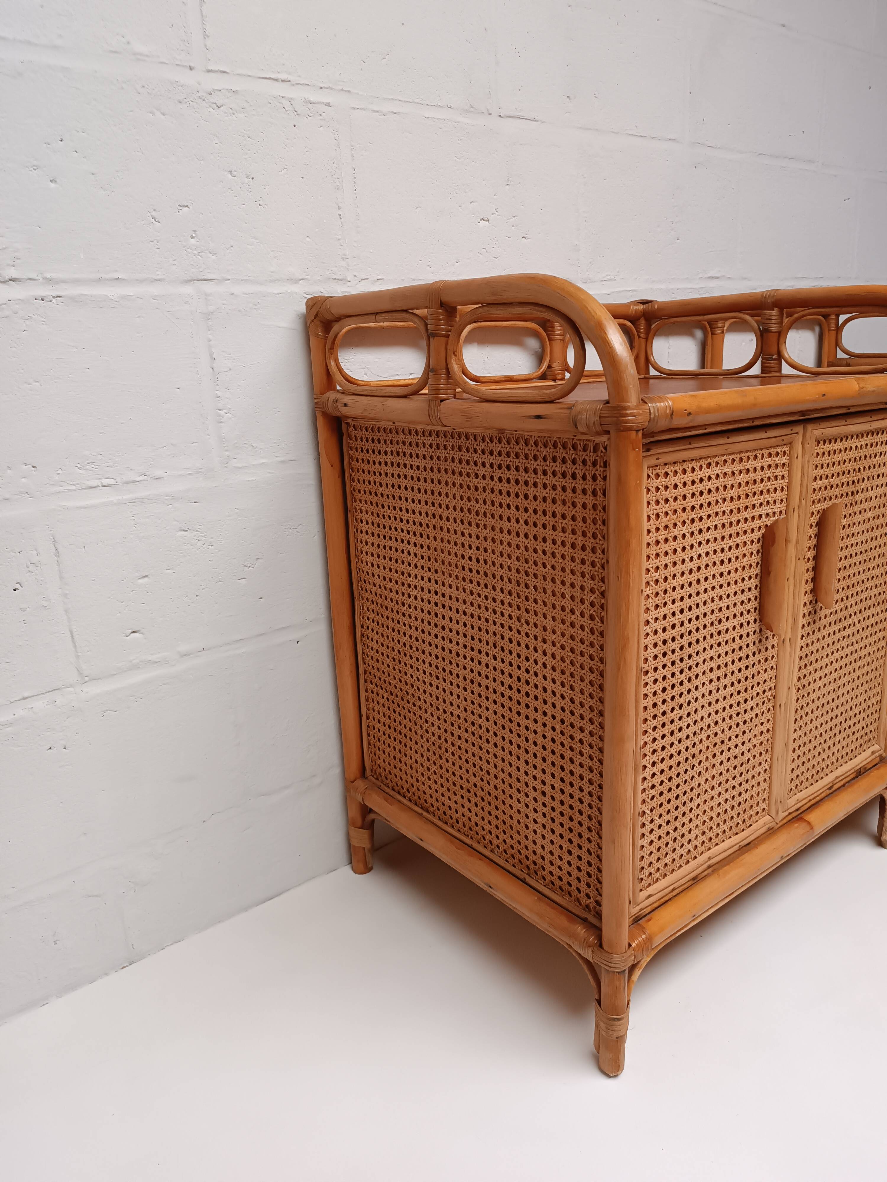 Vintage cane rattan and wood sideboard